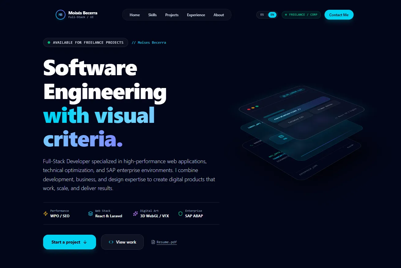 Página de inicio del portfolio personal de Moisés Becerra sobre ingeniería de software